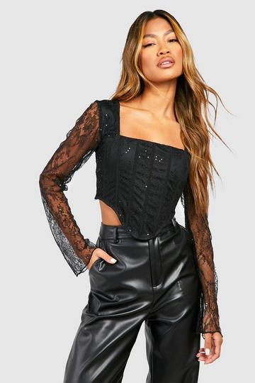 Black Sequin Lace Flare Sleeve Corset