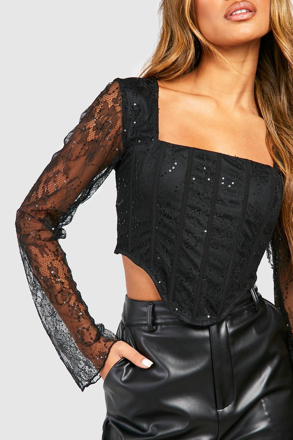 Mesh & Lace Long Sleeve Bustier Top