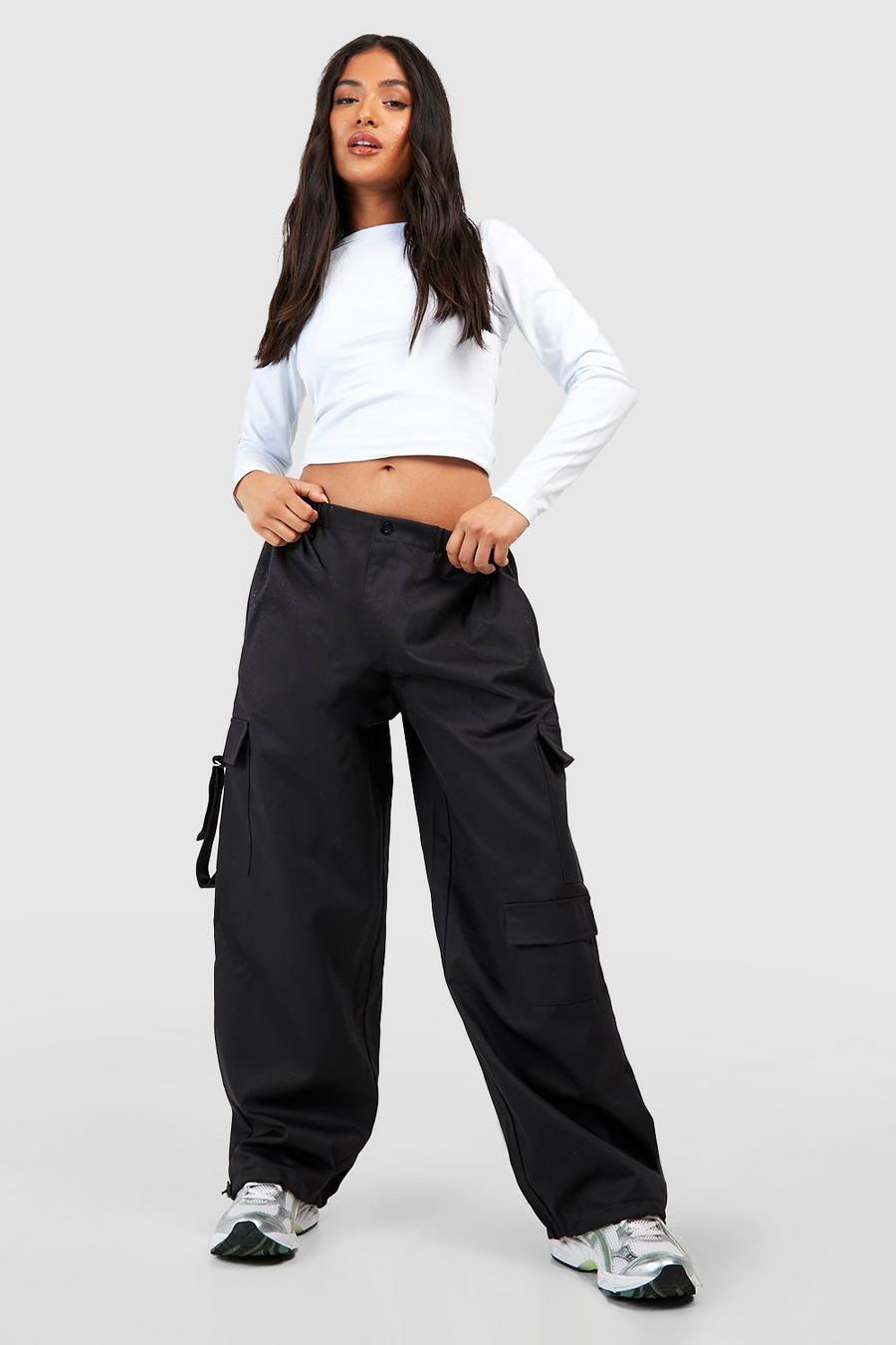 Black Petite Twill Pocket Detail Cuff Hem Cargo Pants image number 1
