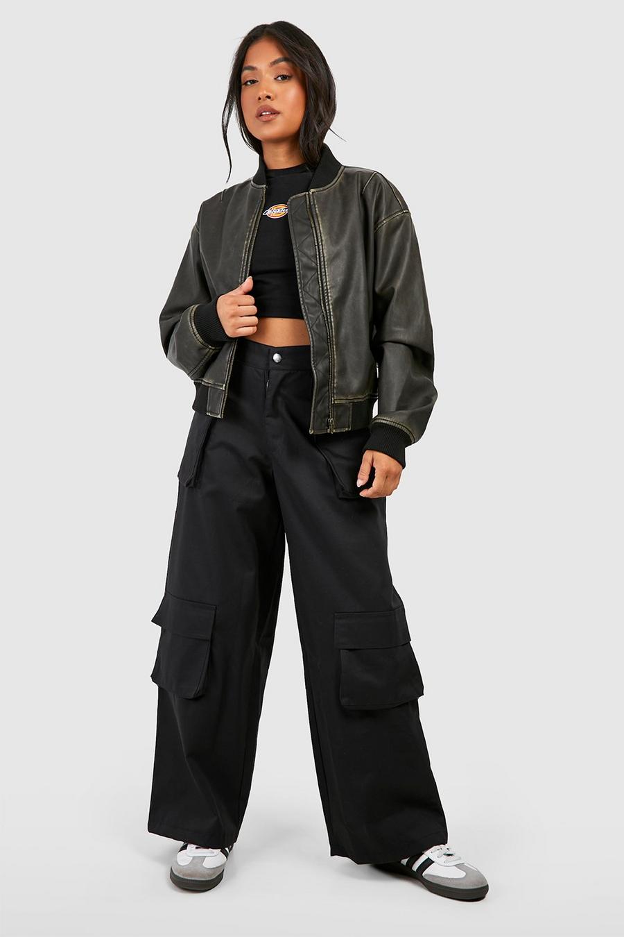 Black Petite Twill Pocket Detail Wide Leg Cargo Pants