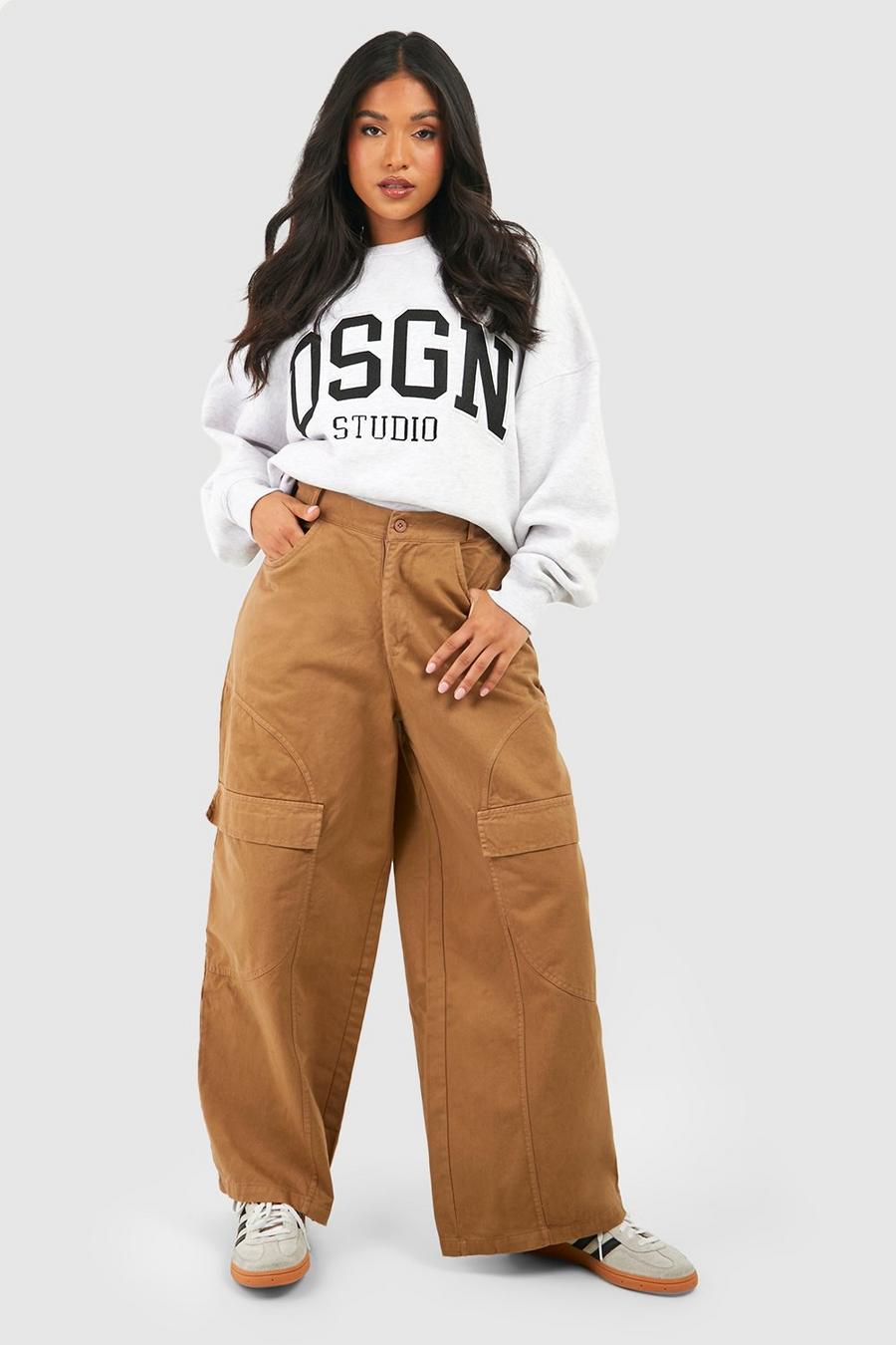 Stone beige Petite Washed Curved Seam Cargo Pants