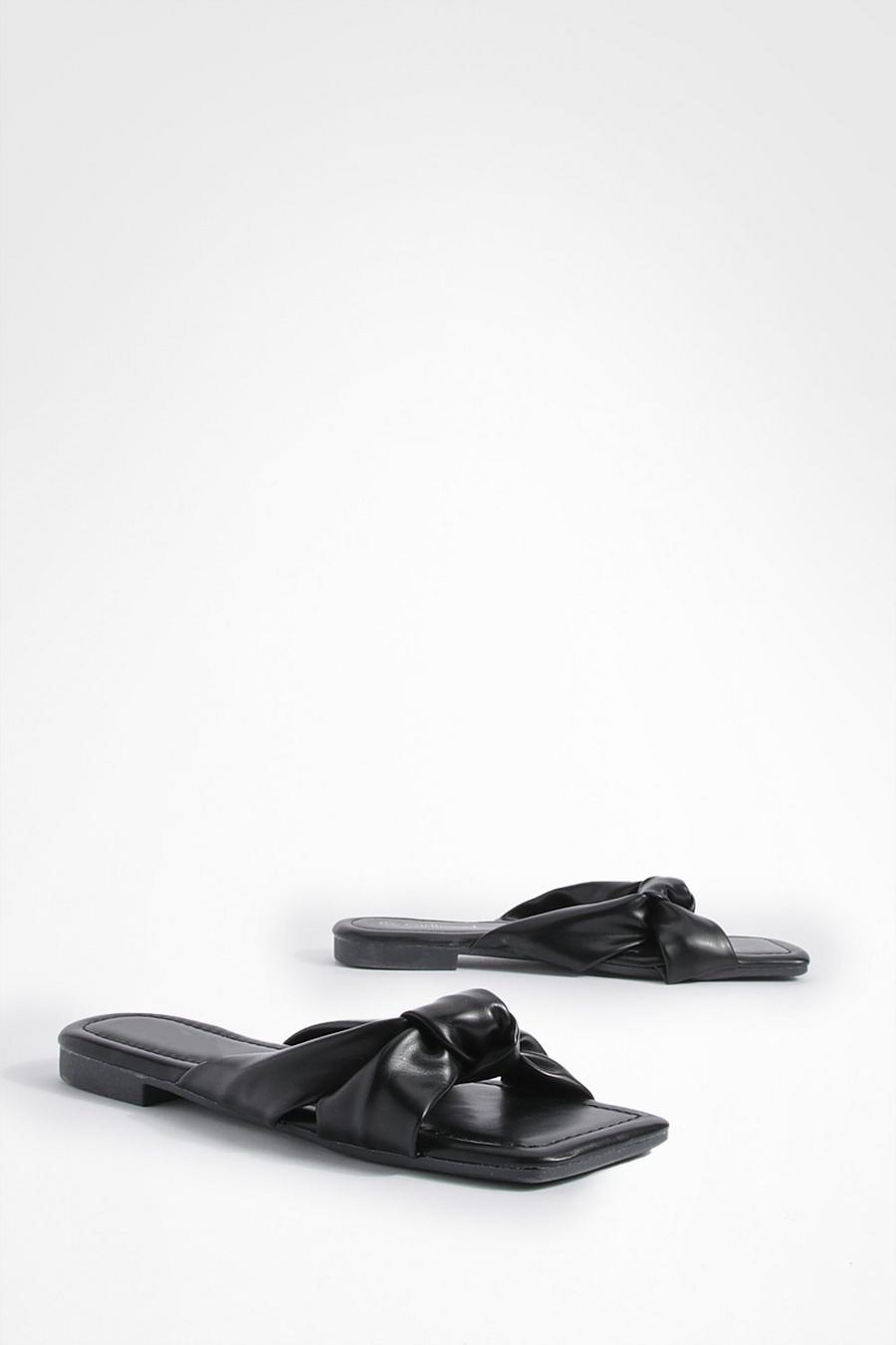 Black svart Square Toe Bow Detail Mule Sandals 