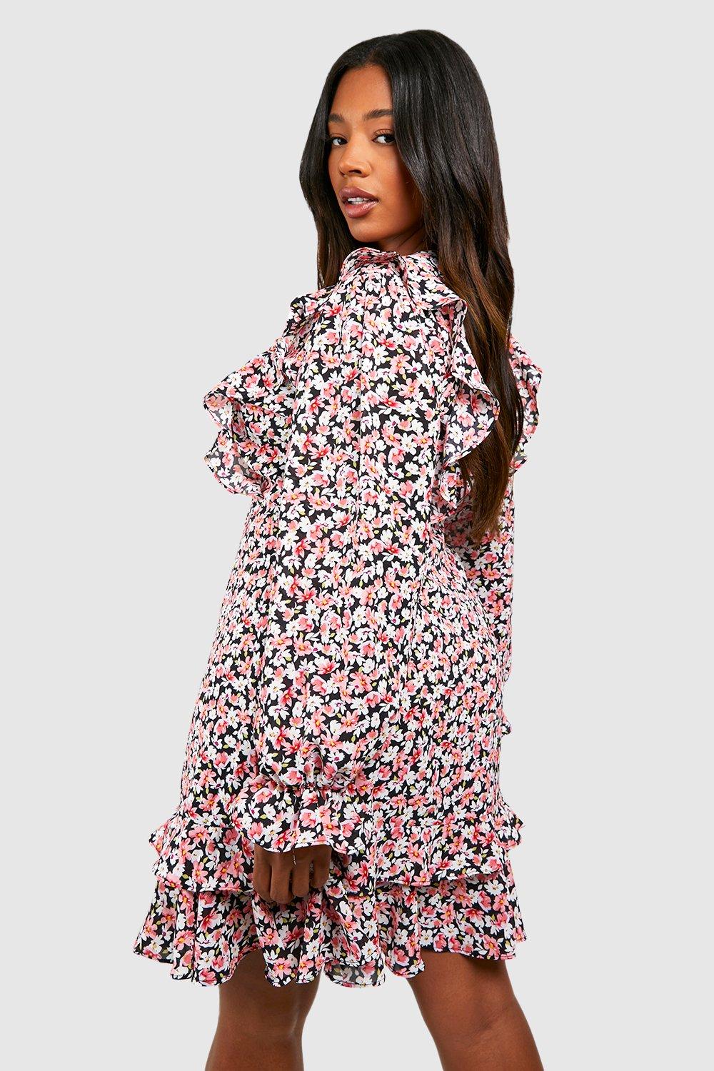 Ruffle long clearance sleeve mini dress