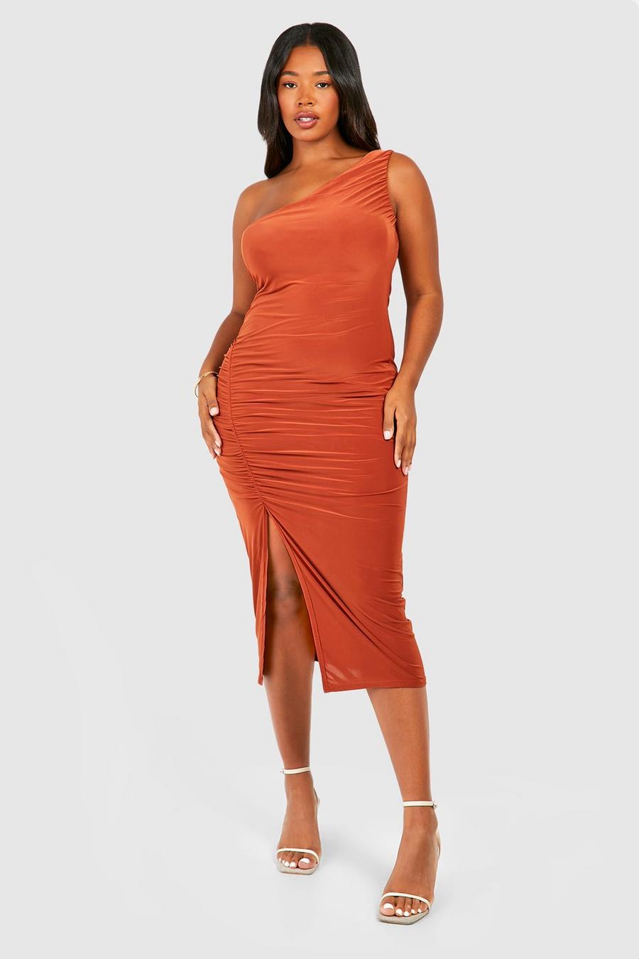 Rust orange Plus Double Slinky Ruched Split Midaxi Dress