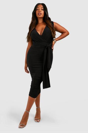 Black Plus Double Slinky Plunge Tie Belt Midi Dress