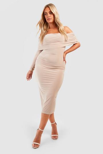 Stone Beige Plus Double Slinky One Shoulder Ruched Midi Dress