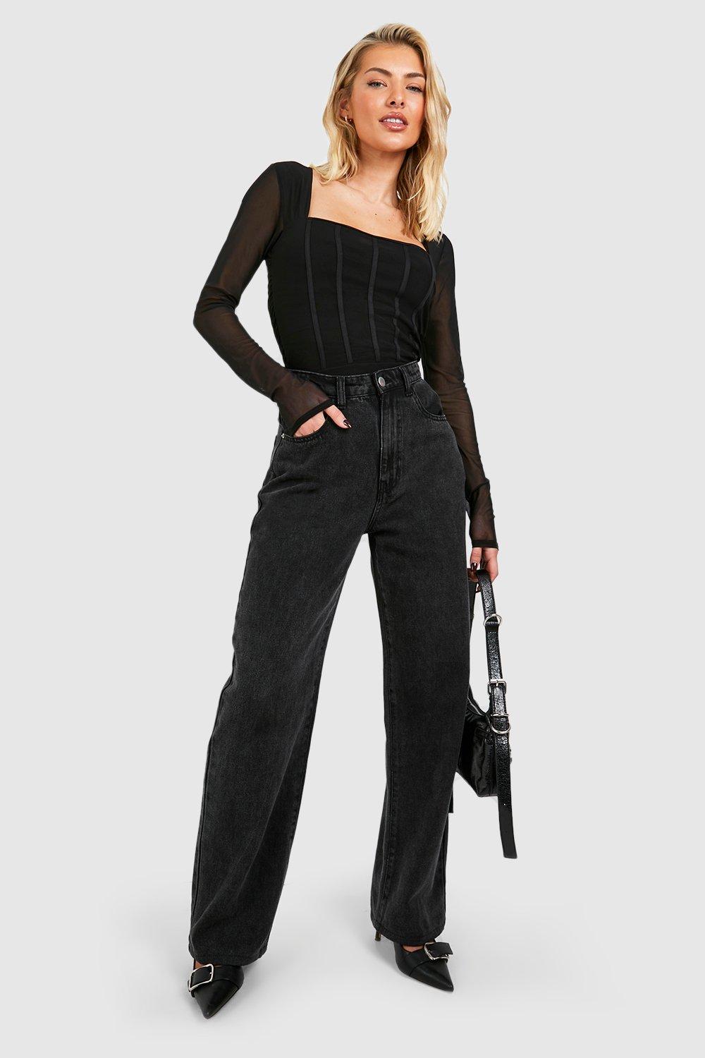 Women's Black Mesh Long Sleeve Corset Detail Bodysuit