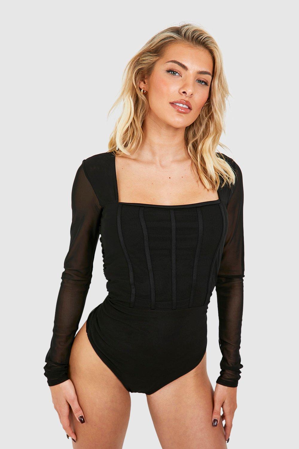 Black Mesh Bandeau Corset Bodysuit, Tops