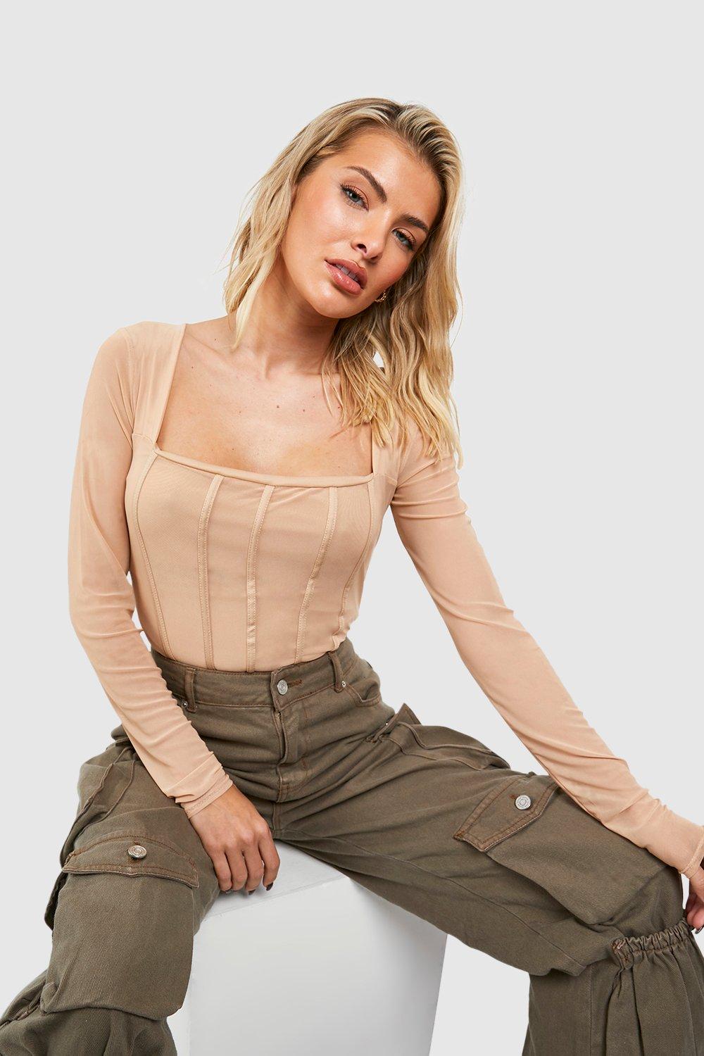 Mesh Long Sleeve Corset Detail Bodysuit | boohoo Mesh Long Sleeve Corset Detail Bodysuit | boohoo