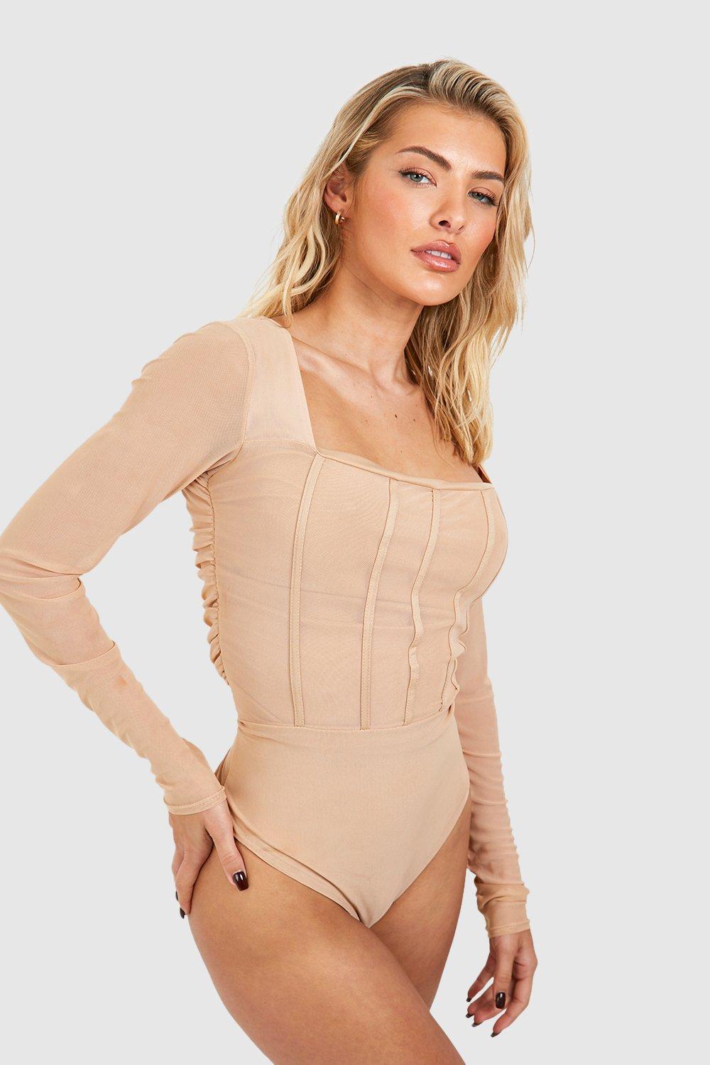 Mesh Long Sleeve Corset Detail Bodysuit