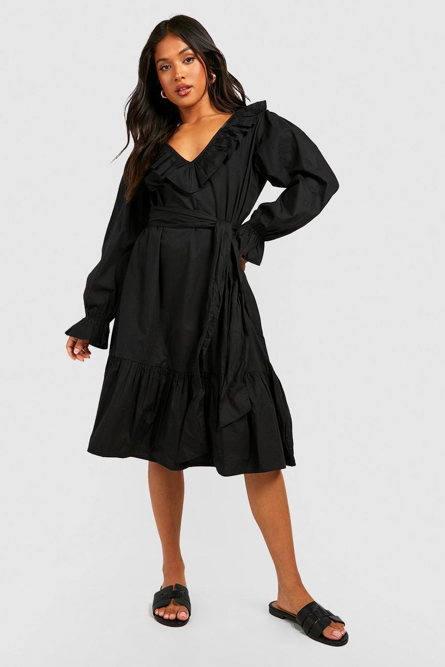 Black Petite Cotton Ruffle Midi Dress