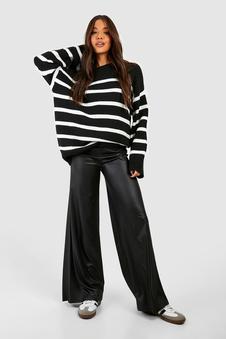 Black Wet Look High Waisted Wide Leg Pants image number 1