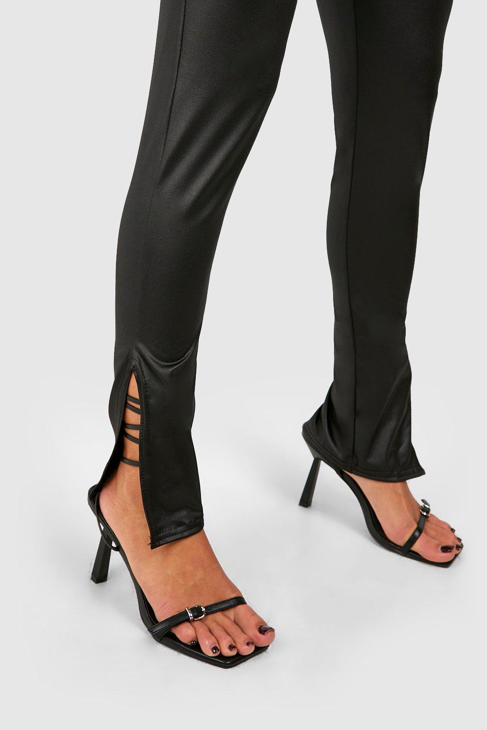 Petite Black Faux Leather Split Hem Leggings