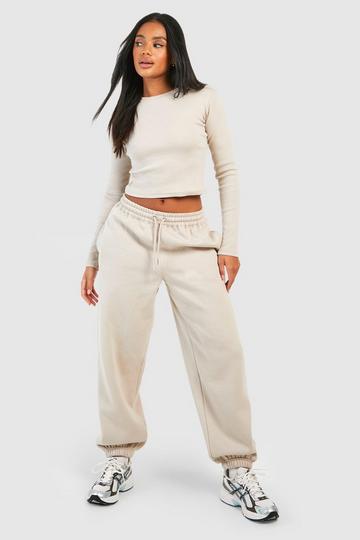 Stone Beige Ribbed Crew Neck Top And Jogger Set