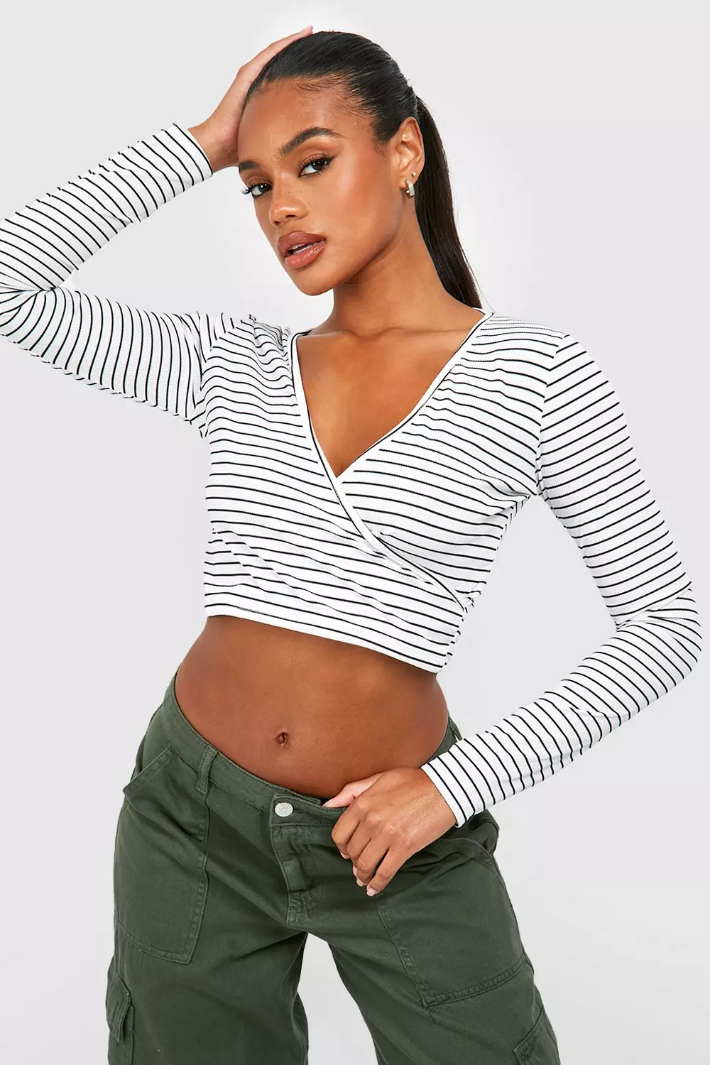 White Stripe Knitted Wrap Crop Top  alternative image