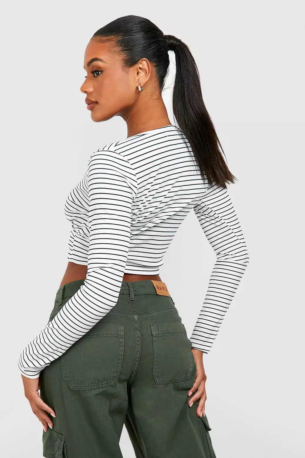 White Stripe Knitted Wrap Crop Top  alternative image