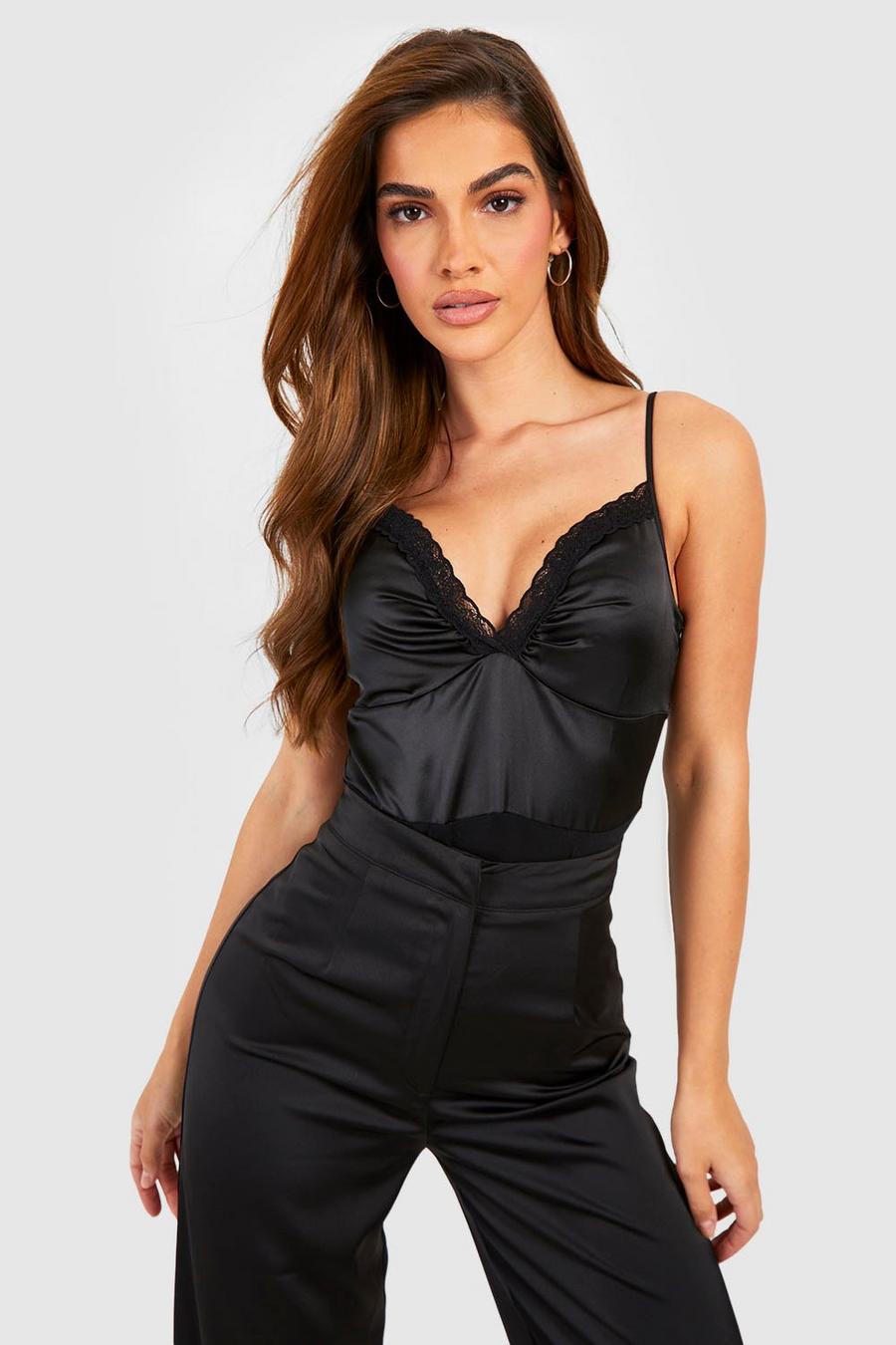 In The Style satin and lace bodysuit in black
