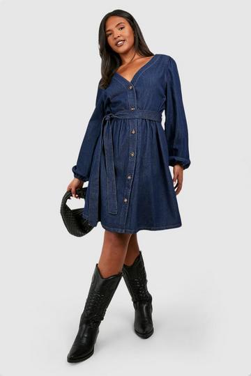 Plus Denim Belted Skater Dress indigo