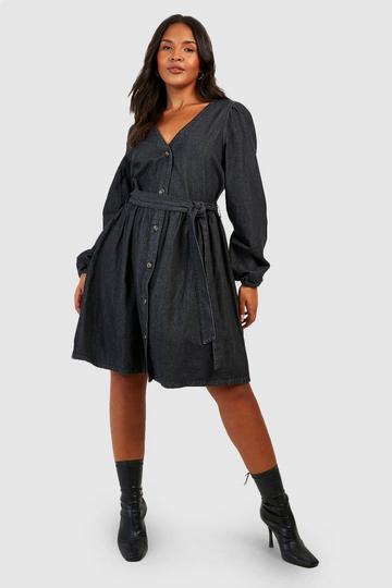 Plus Denim Belted Skater Dress washed black