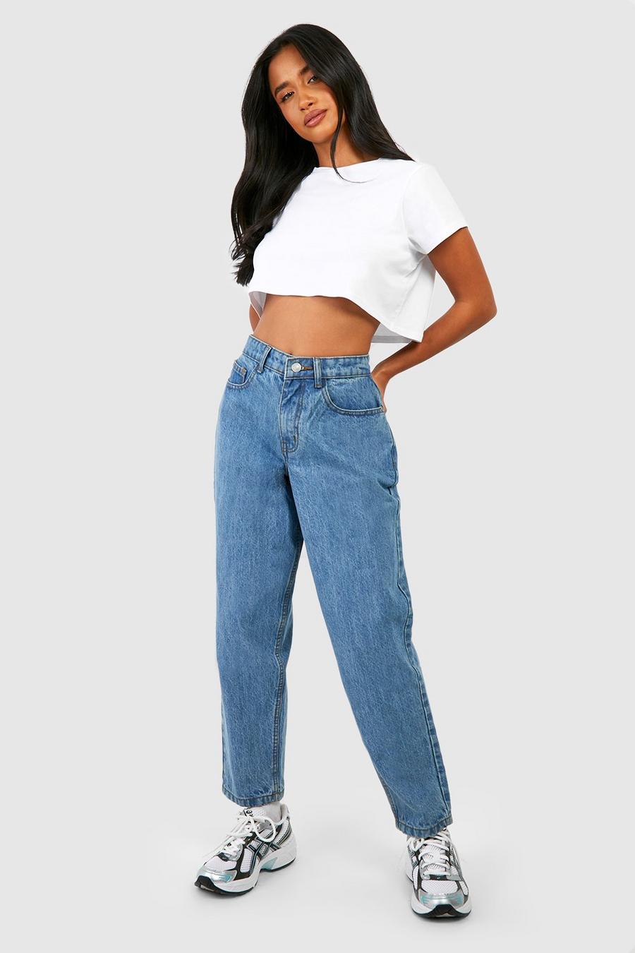 Petite mittelblaue 28' Mom-Jeans mit hohem Bund, Mid blue image number 1