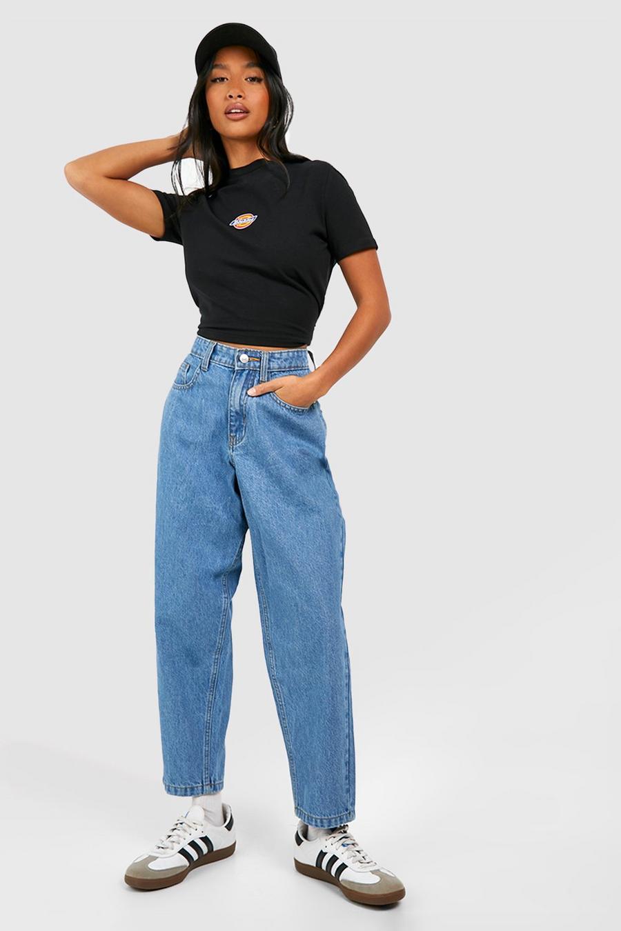 Petite mittelblaue 26' Mom-Jeans mit hohem Bund, Mid blue