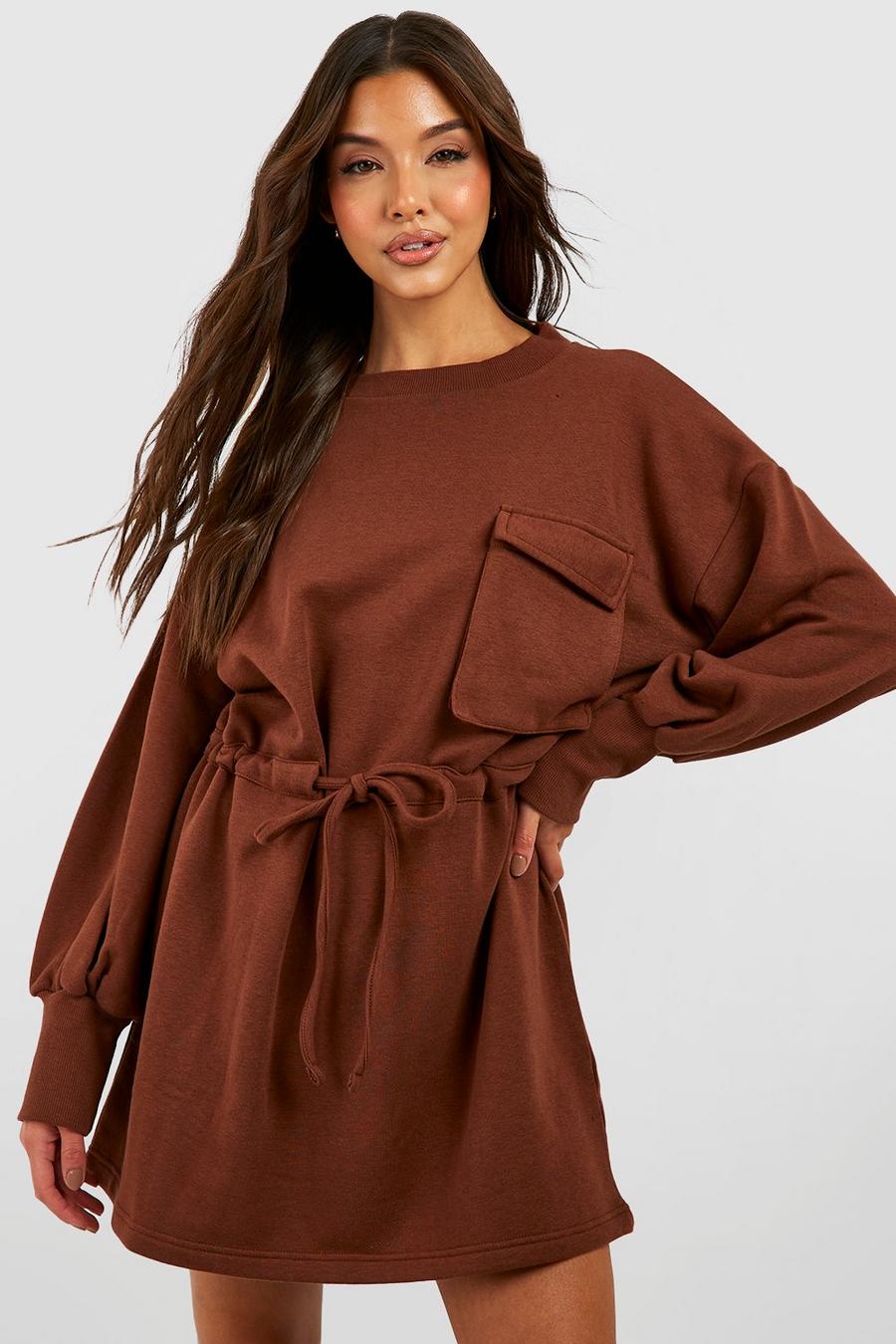 Sweatshirt-Kleid mit Taschen-Detail, Chocolate image number 1