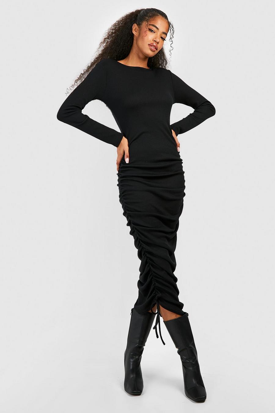 Black Ruched Detail Ribbed Midi Dress