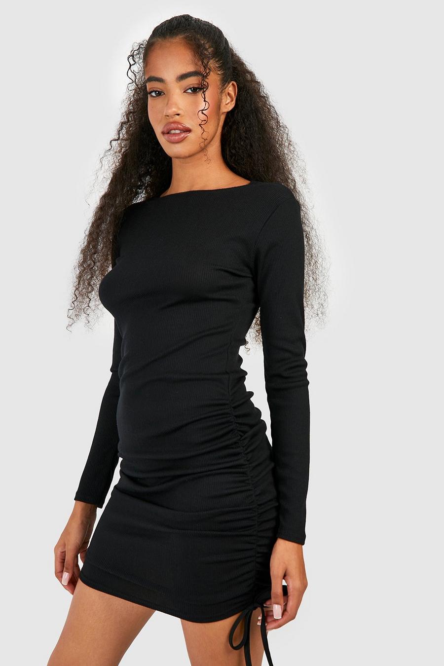 Black Rouched Detail Ribbed Mini Bodycon Dress