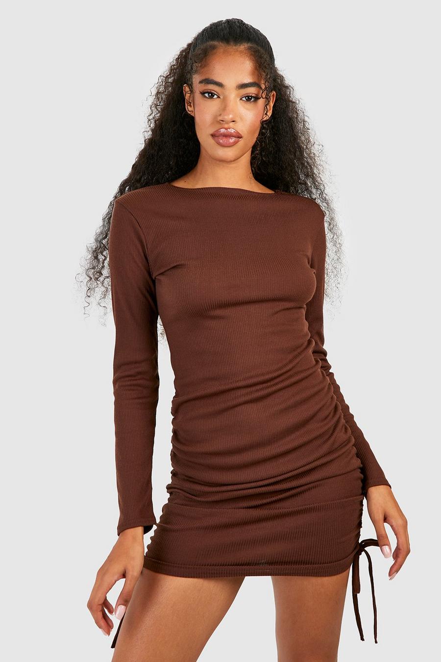 Chocolate Rouched Detail Ribbed Mini Bodycon Dress image number 1