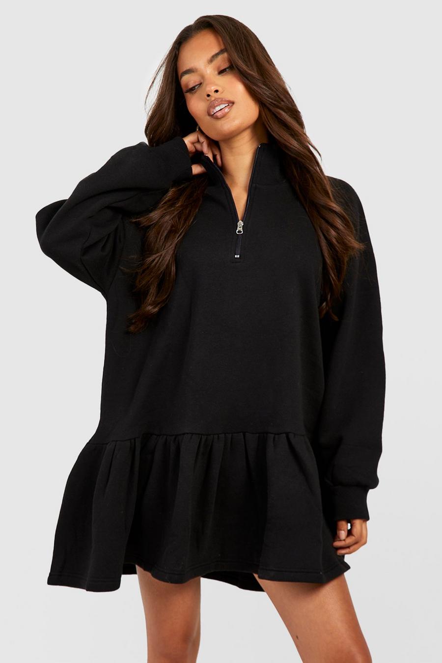 Black Frill Hem Half Zip Sweater Dress