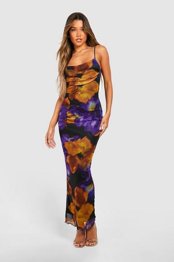 Floral Print Mesh Maxi Slip Dress purple