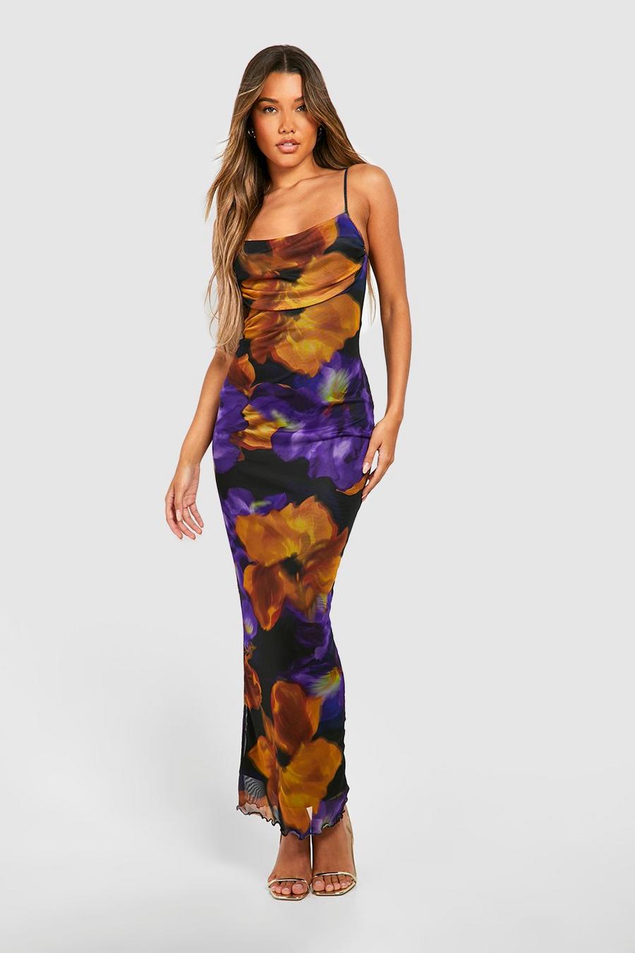 Vestito maxi pull-on in rete con stampa a fiori, Purple viola