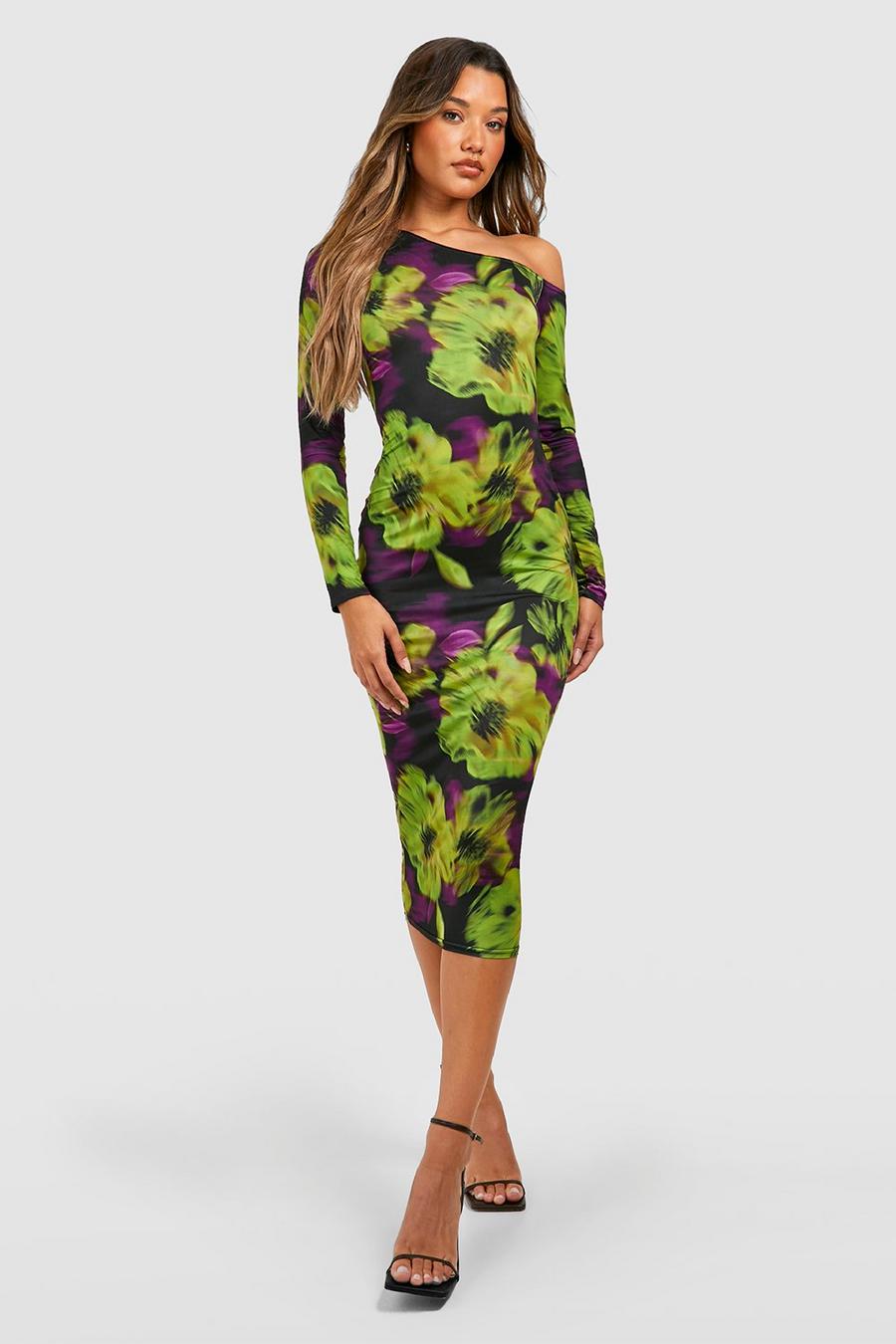 Vestido midaxi ceñido asimétrico con estampado de flores, Lime verde