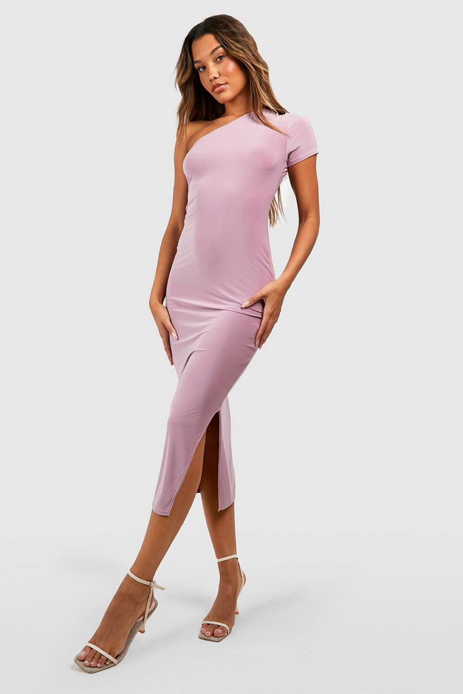 Mauve Slinky Cap Sleeve Asymmetric Midaxi Dress