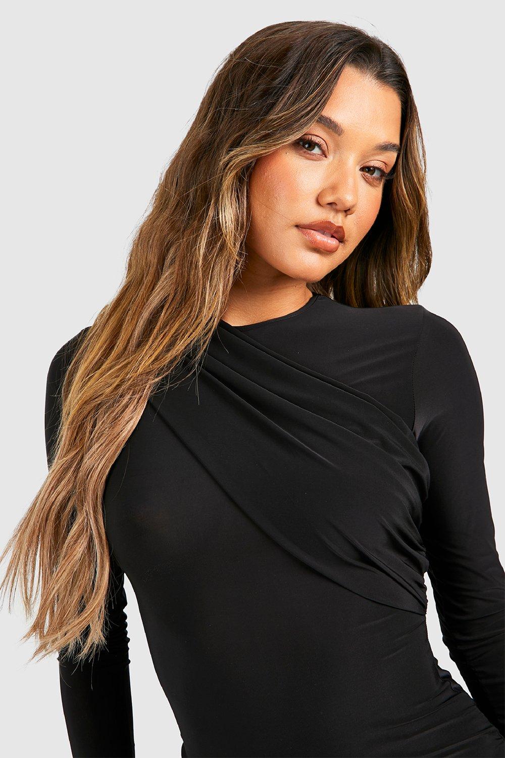 Black Slinky Ruched Long Sleeve Square Neck Bodysuit