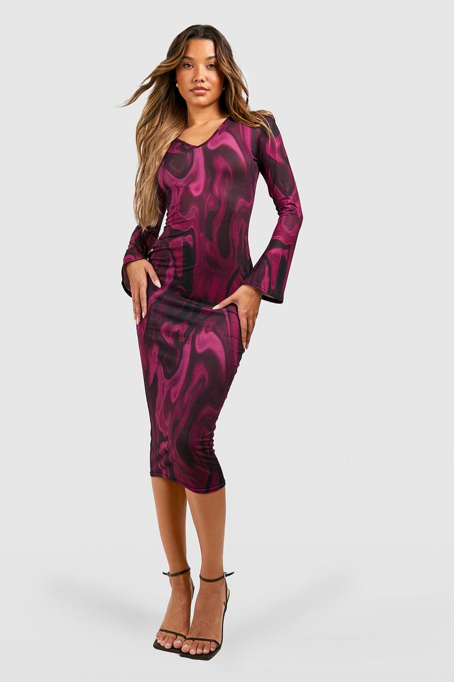 Purple Abstract Flare Cuff Midaxi Dress