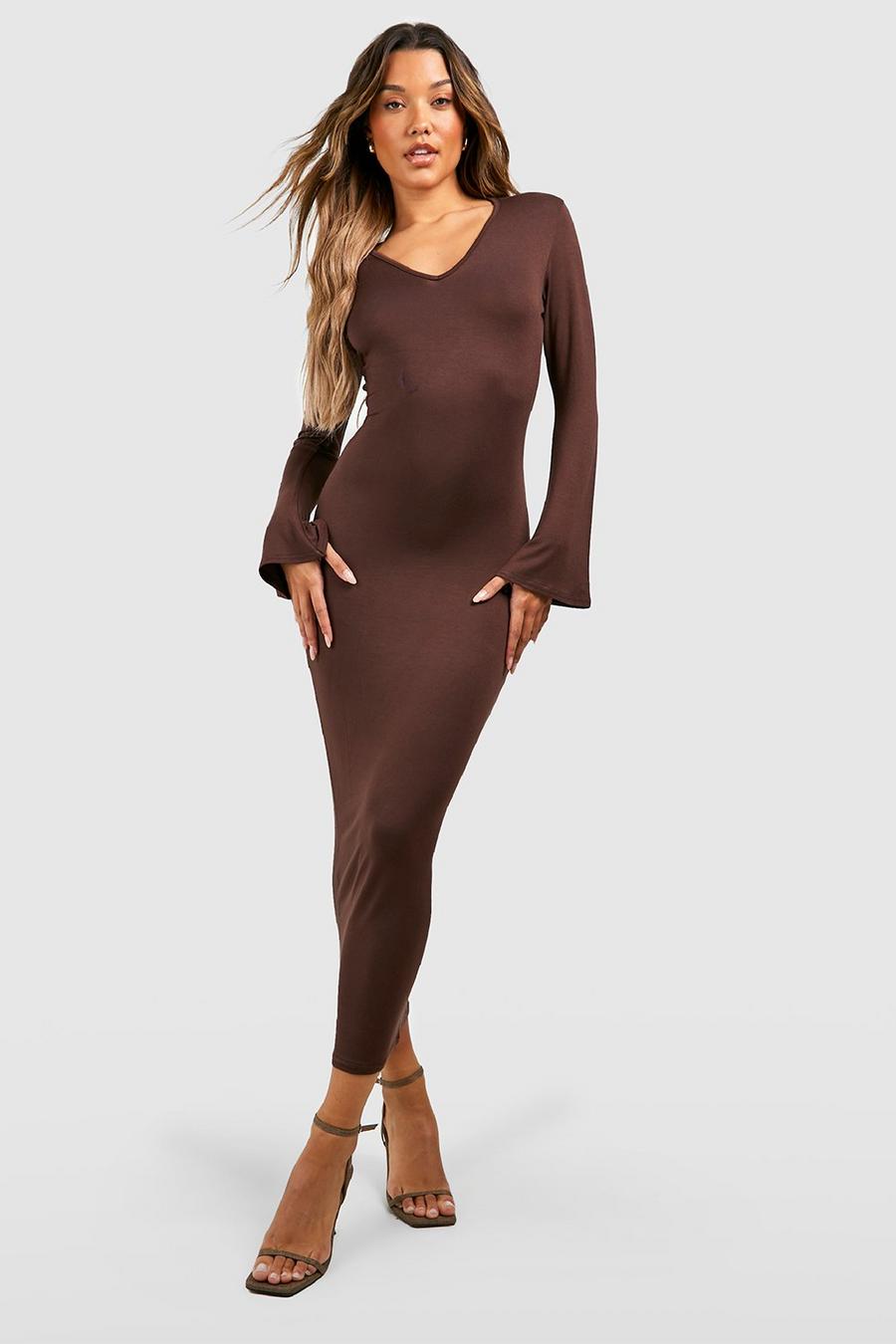Chocolate Plunge Flare Sleeve Midaxi Dress image number 1