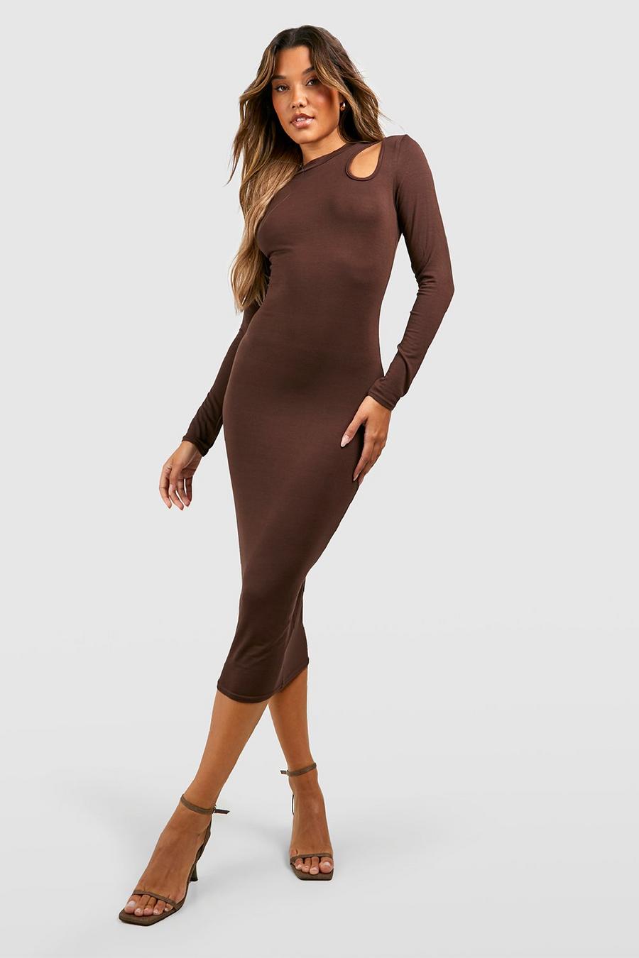 Chocolate brown Cut Out High Neck Midi Dress 