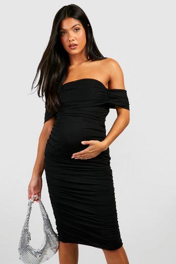 Maternity Ruched Mesh Bardot Midi Dress black
