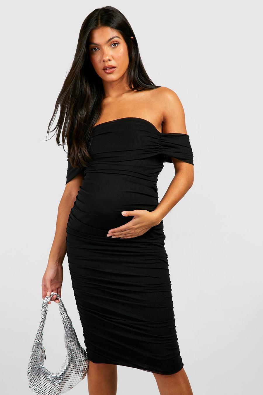Black Maternity Ruched Mesh Bardot Midi Dress image number 1