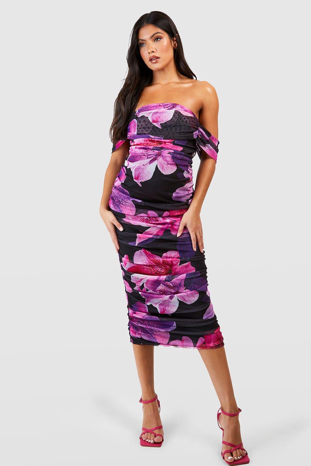 Maternity Floral Ruched Mesh Off The Shoulder Midi Dress