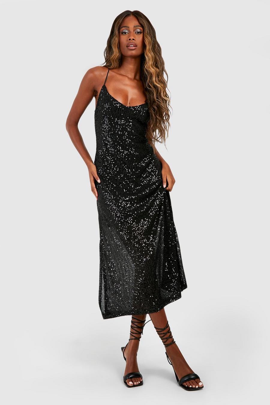 Black V Neck Sequin Strappy Midi Dress