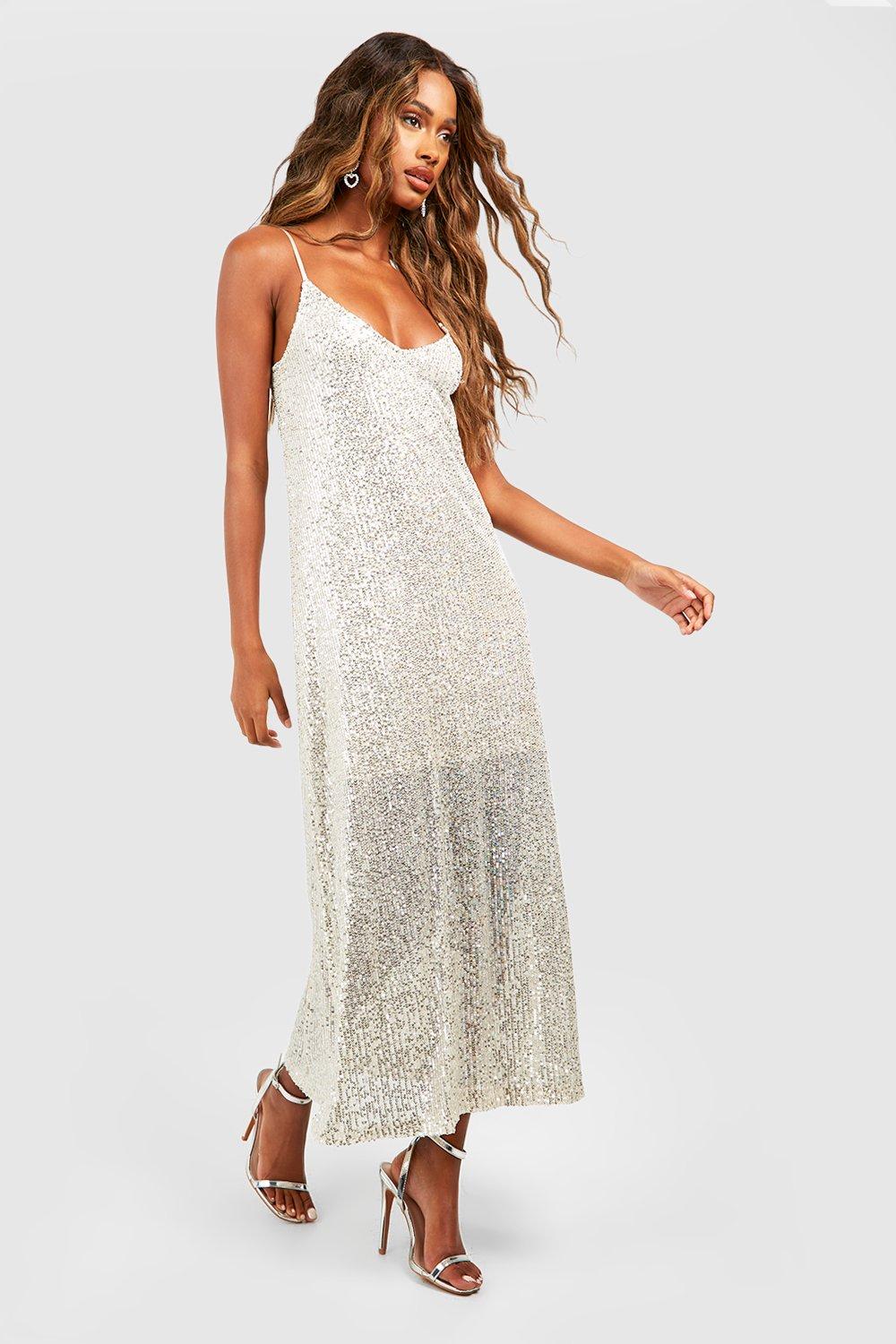 V Neck Sequin Strappy Midaxi Dress boohoo UK 