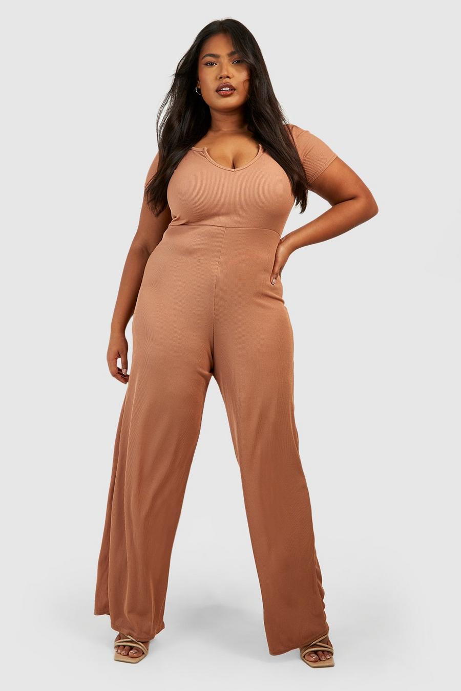 Taupe Plus Rib Notch Front Cap Sleeve Wide Leg Jumpsuit  image number 1