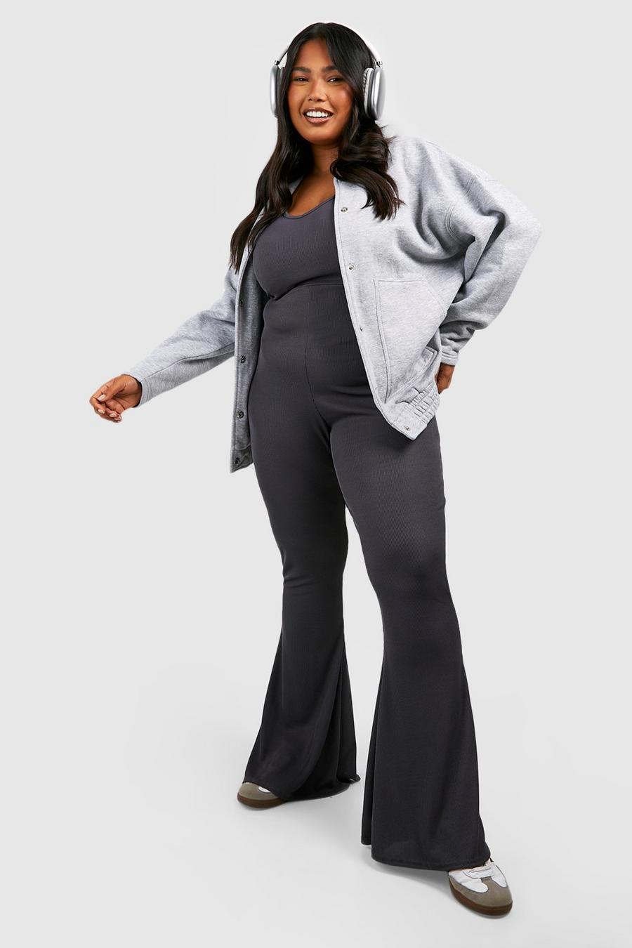 Charcoal Plus Rib Notch Front Long Sleeve Jumpsuit image number 1