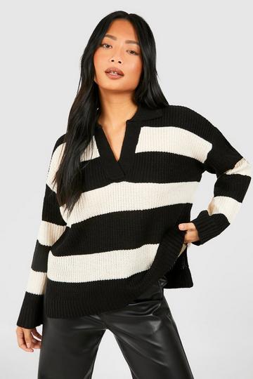 Petite Chunky Knit Stripe Collar Detail Sweater black