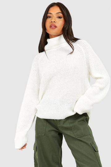 Cream White Petite Turtleneck Turn Up Cuff Sweater