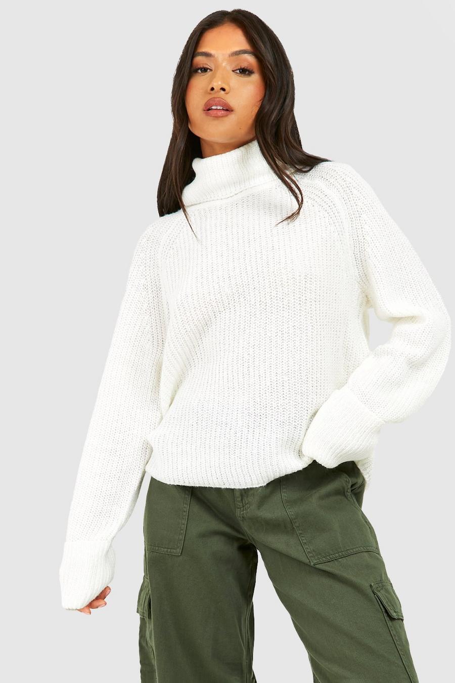 Cream Petite Turtleneck Turn Up Cuff Sweater
