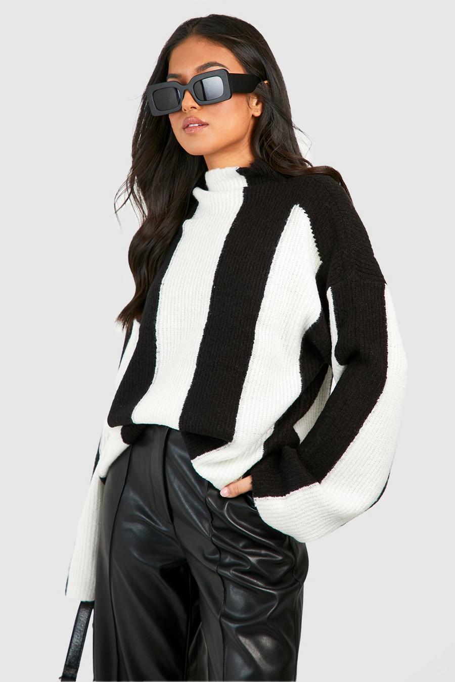 Black Petite High Neck Stripe Sweater image number 1