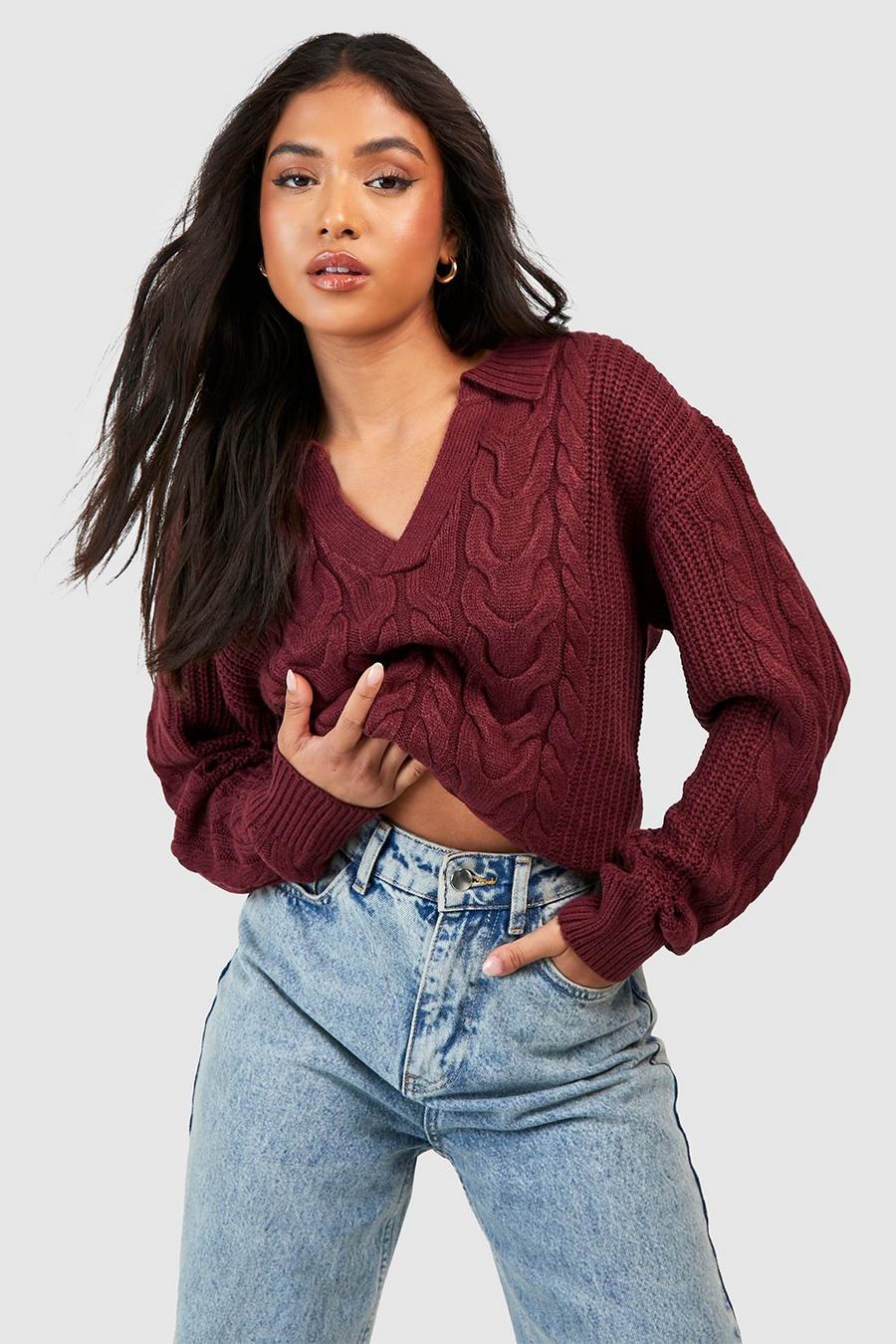Burgundy rouge Petite Collar Detail  Cable Knit Jumper  